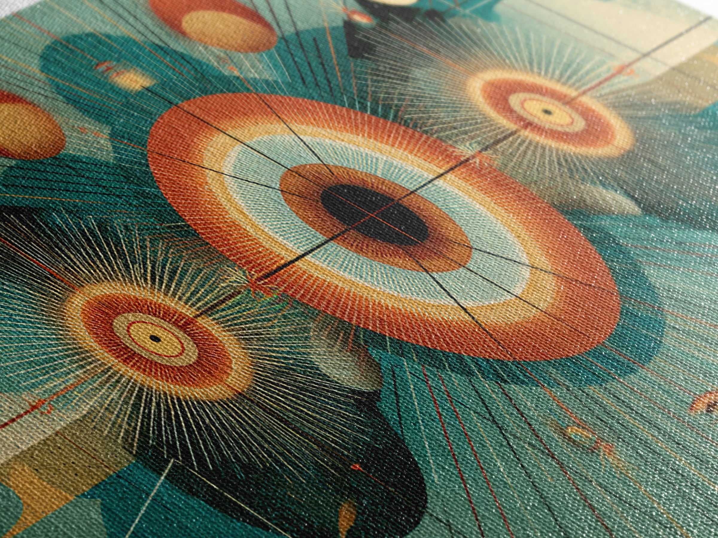Cosmic Eye With Planets And Sunbursts Wall Art, Atomic Retro Futurist Poster, Midcentury Modern Geometric Teal Decor Print