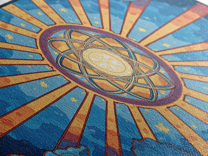 Celestial Atomic Starburst In Blue Clouds Canvas Print, Retro Futurist Midcentury Modern Wall Art, Geometric Poster Decor