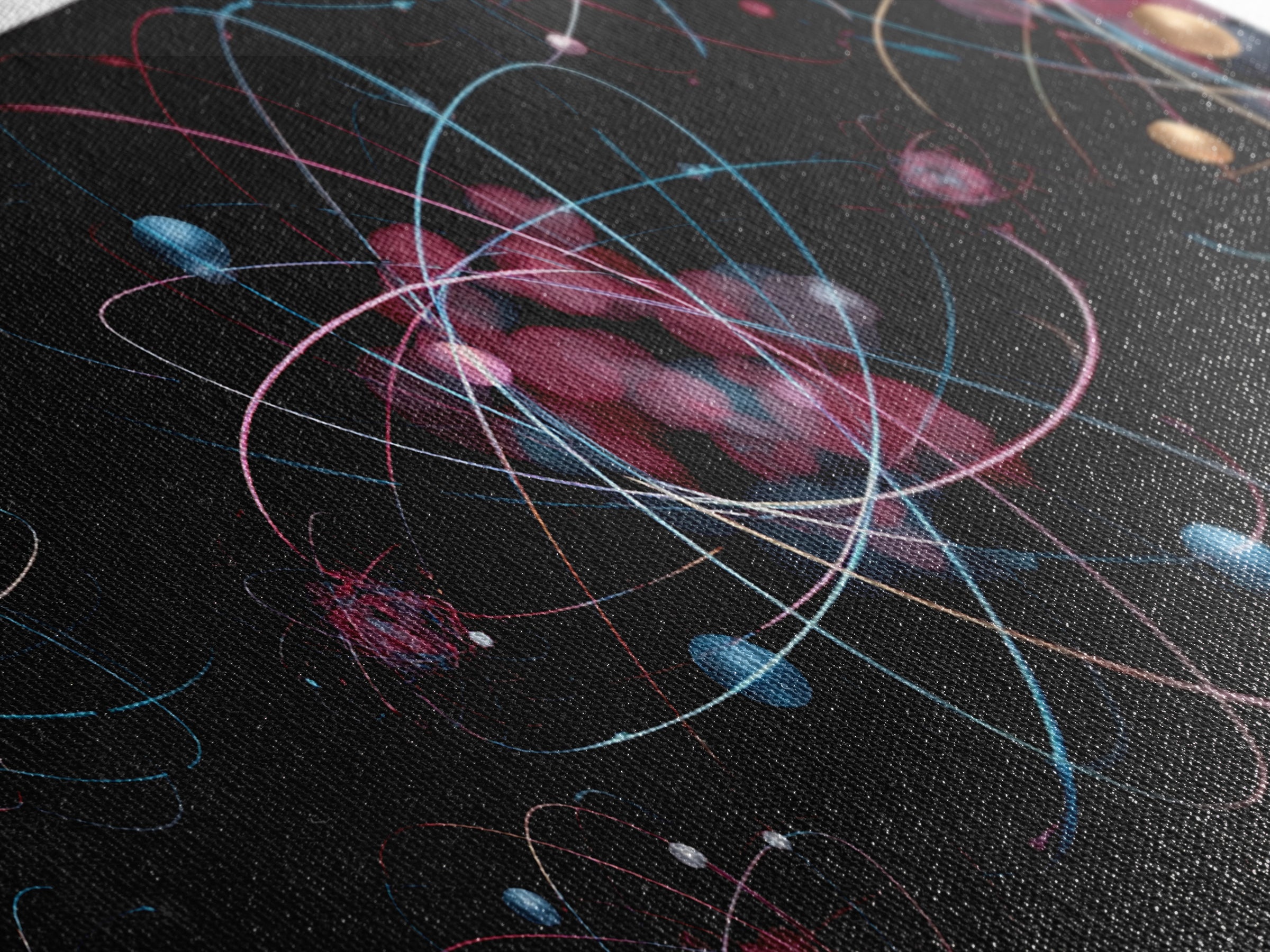 Glowing Pink Atomic Orbits On Black Wall Art, Midcentury Modern Abstract Print, Retro Space Decor, MCM Gallery Wall Home Decor