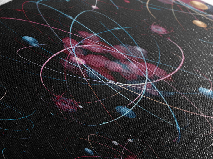 Glowing Pink Atomic Orbits On Black Wall Art, Midcentury Modern Abstract Print, Retro Space Decor, MCM Gallery Wall Home Decor