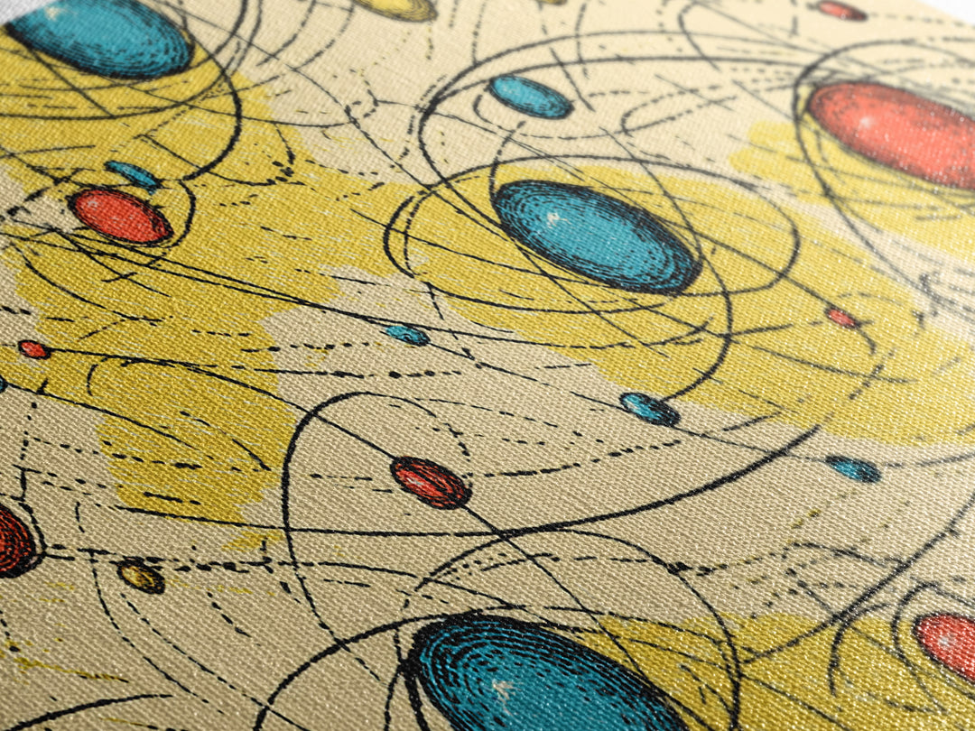 Yellow Blue Atomic Planets Wall Art, Midcentury Modern Abstract Print, Retro Space Poster, Geometric MCM Living Room Decor