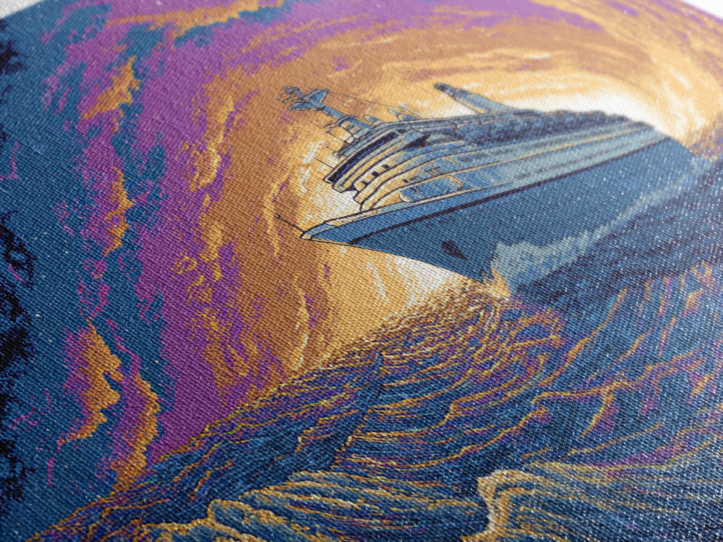 Starry Cruise Ship Vortex Canvas Print, Retro Futuristic Ocean Poster, Purple Orange Wave Wall Decor, Cosmic Nautical Art
