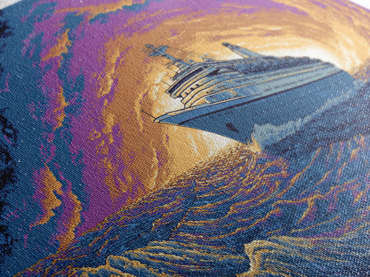Starry Cruise Ship Vortex Canvas Print, Retro Futuristic Ocean Poster, Purple Orange Wave Wall Decor, Cosmic Nautical Art