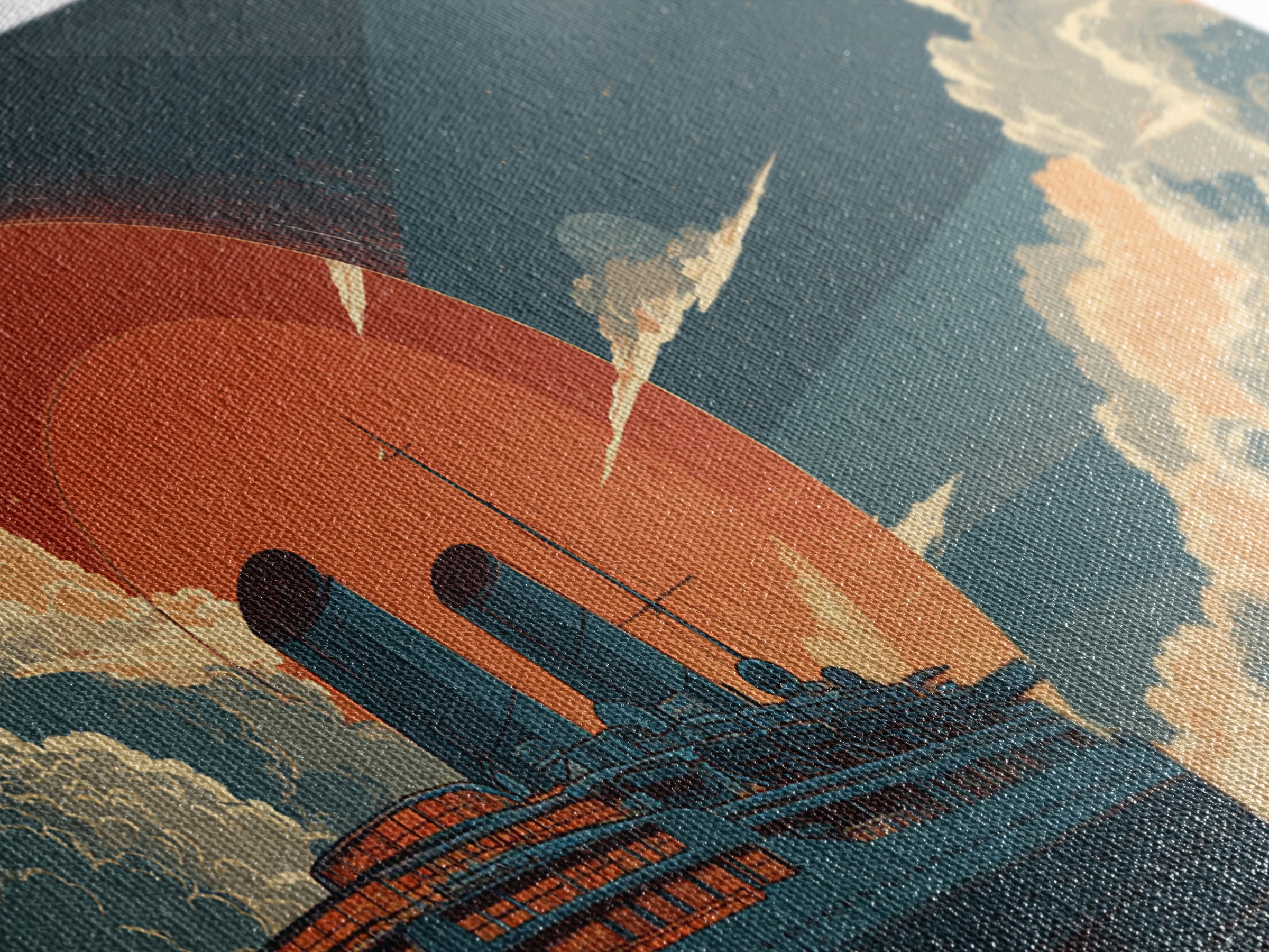 Ocean Liner Red Sun Wall Art, Retro Futuristic Steamship Poster, Art Deco Clouds, Nautical Travel Decor For Living Room Art