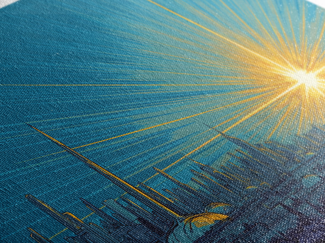 Futuristic Skyline Sunrise With Golden Rays, Mid Century Modern Wall Art, Retro Sci Fi Cityscape Print, Living Room Decor