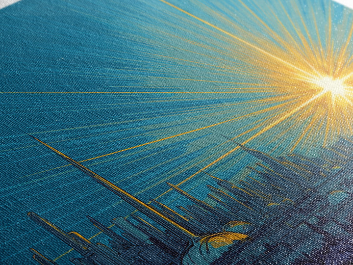 Futuristic Skyline Sunrise With Golden Rays, Mid Century Modern Wall Art, Retro Sci Fi Cityscape Print, Living Room Decor