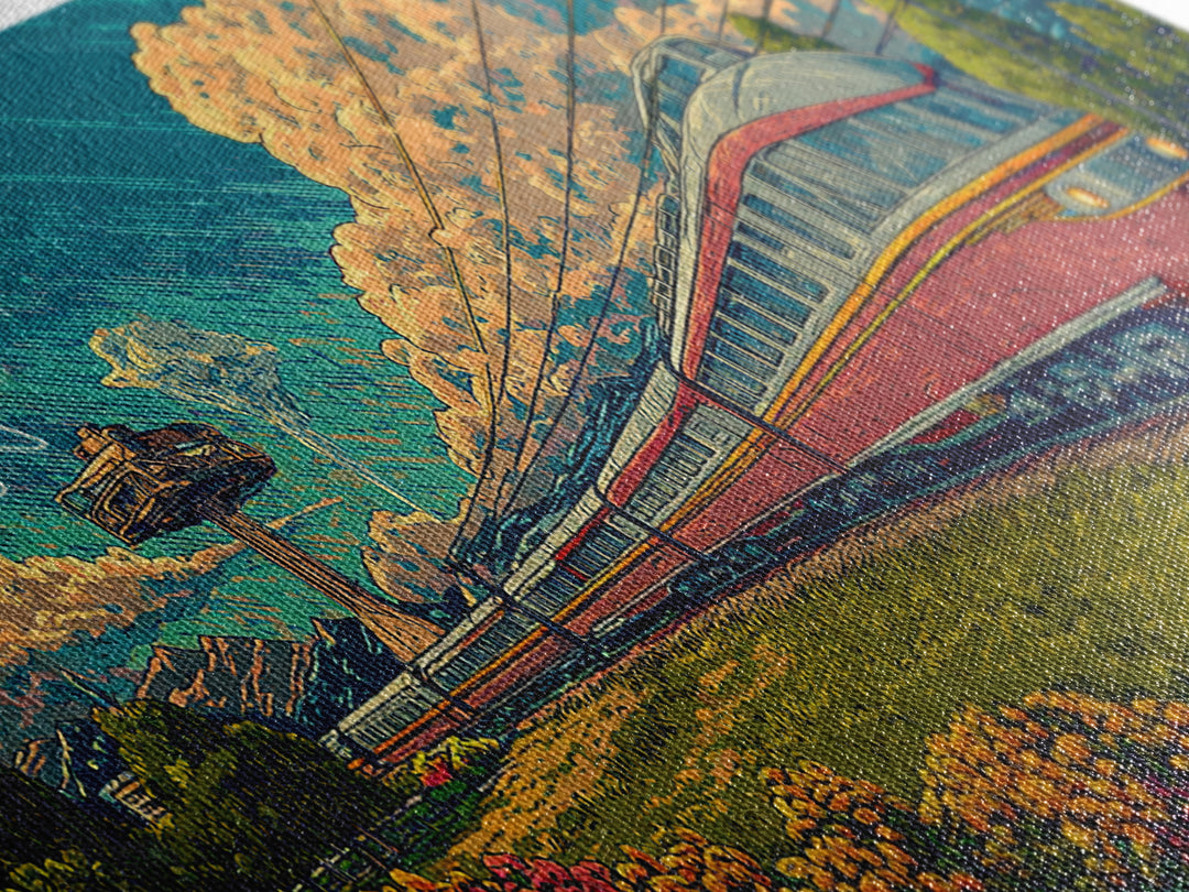 Red Passenger Train Through Flower Fields, Mid Century Modern Wall Art, Retro Travel Poster, Scenic Landscape Decor Print
