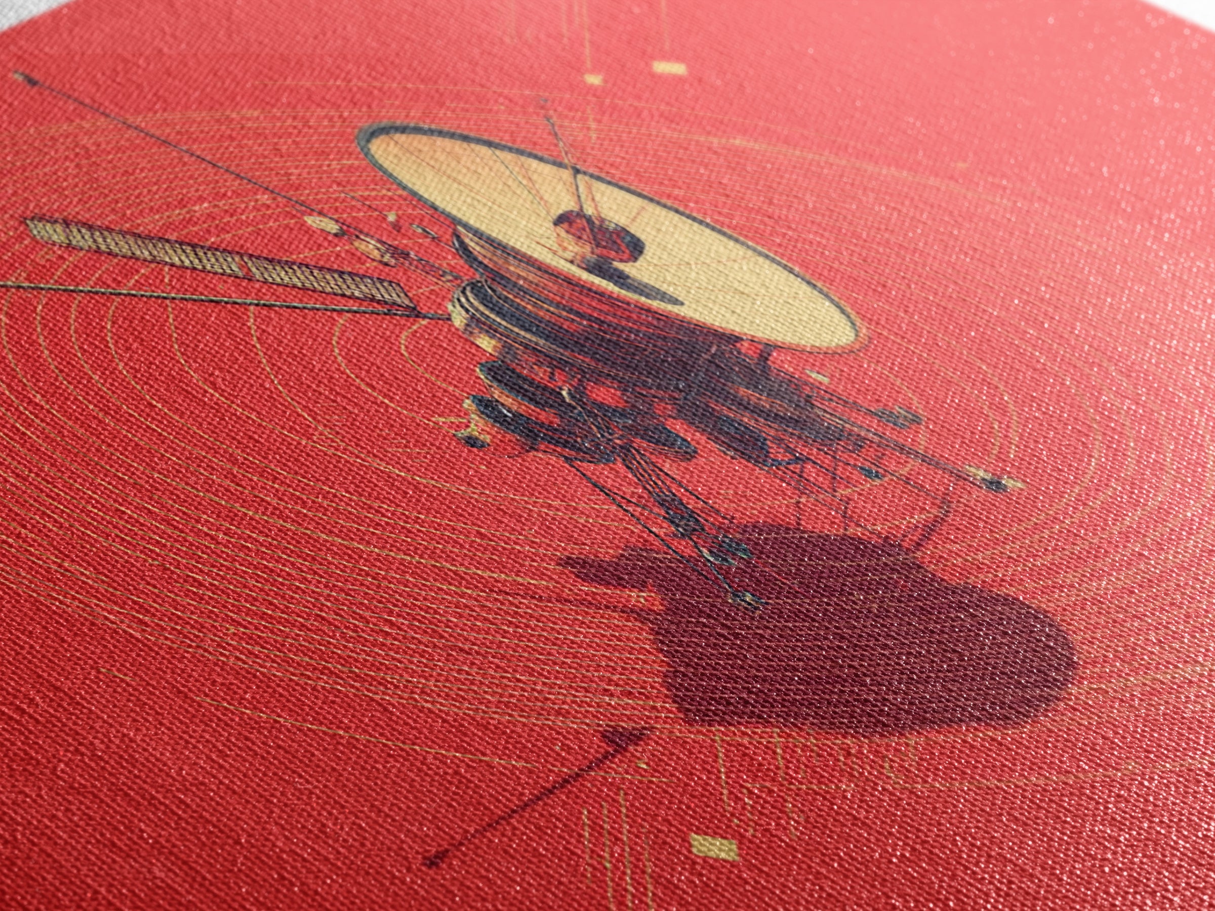 Red Space Probe With Orbital Rings, Mid Century Modern Wall Art, Retro Sci Fi Satellite Poster, Minimalist Space Decor Print