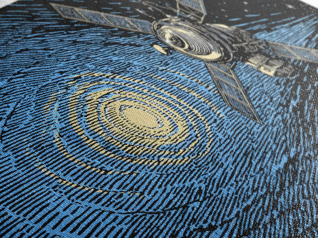 Blue Starfield Satellite With Solar Waves, Mid Century Modern Wall Art, Retro Sci Fi Space Poster, Cosmic Abstract Decor