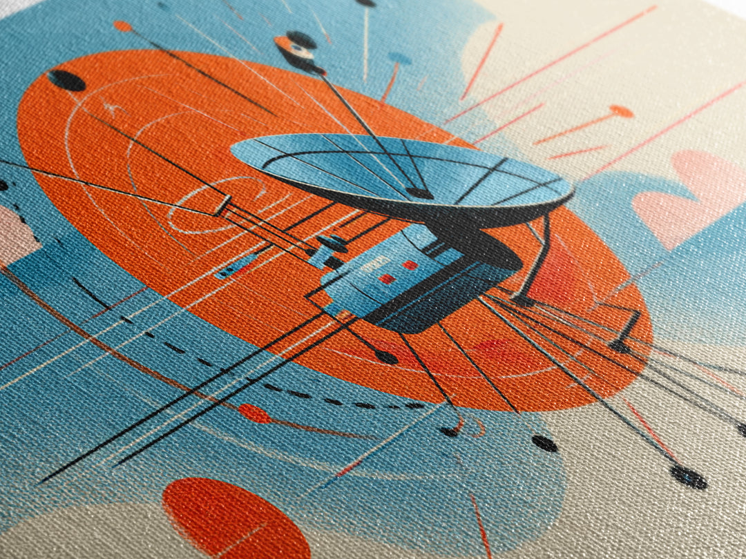 Retro Satellite Dish With Orange Sun Canvas Print, Midcentury Modern Wall Art, Atomic Space Poster, MCM Office Decor Gift