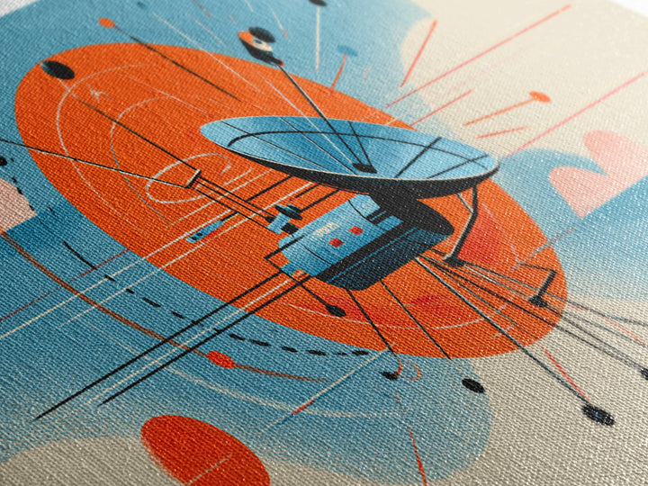 Retro Satellite Dish With Orange Sun Canvas Print, Midcentury Modern Wall Art, Atomic Space Poster, MCM Office Decor Gift