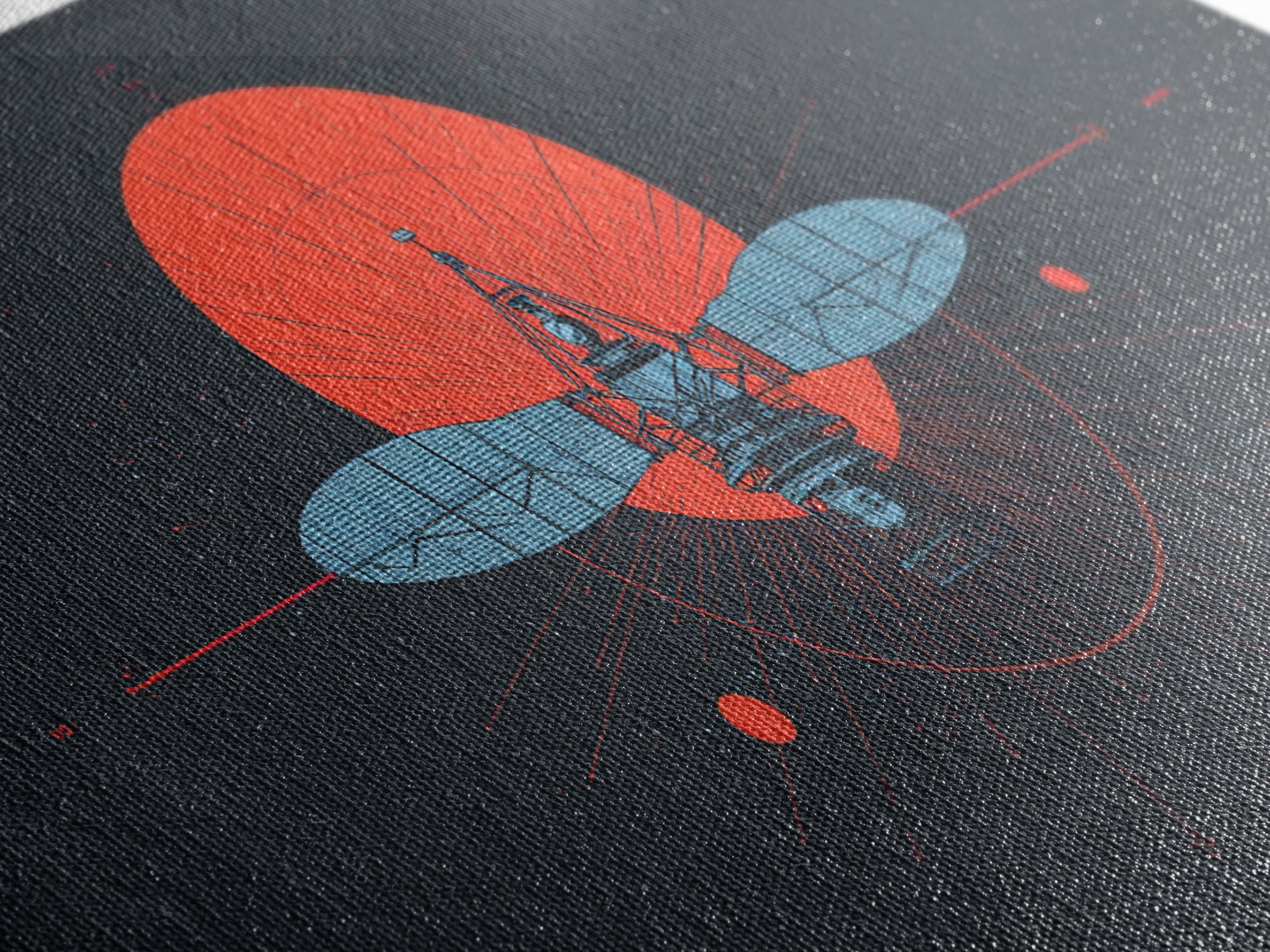 Blueprint Satellite In Crimson Sun Framed Canvas Print, Midcentury Modern Art, Retro Space Wall Decor, Modern Office Poster Gift