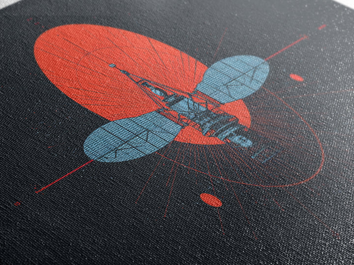 Blueprint Satellite In Crimson Sun Framed Canvas Print, Midcentury Modern Art, Retro Space Wall Decor, Modern Office Poster Gift