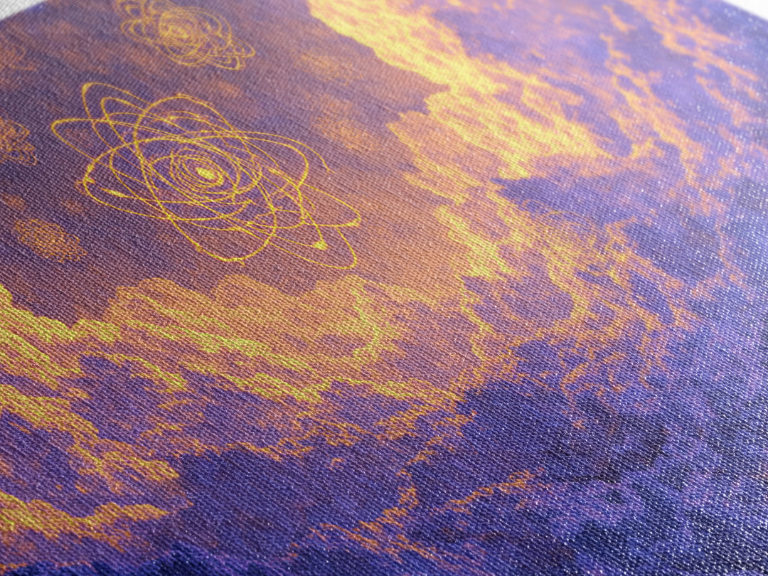 Glowing Atomic Symbols In Purple Clouds Wall Art, Modern Abstract Art Print, Celestial Sky Poster, Colorful Bedroom Decor