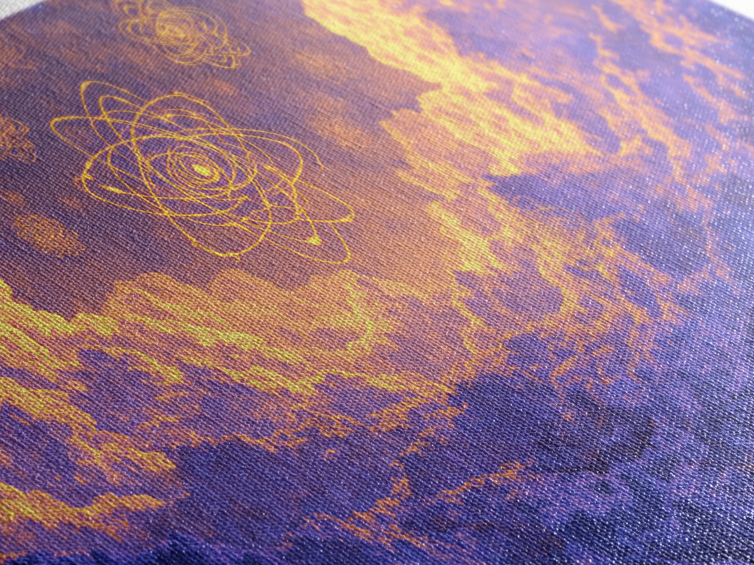 Glowing Atomic Symbols In Purple Clouds Wall Art, Modern Abstract Art Print, Celestial Sky Poster, Colorful Bedroom Decor