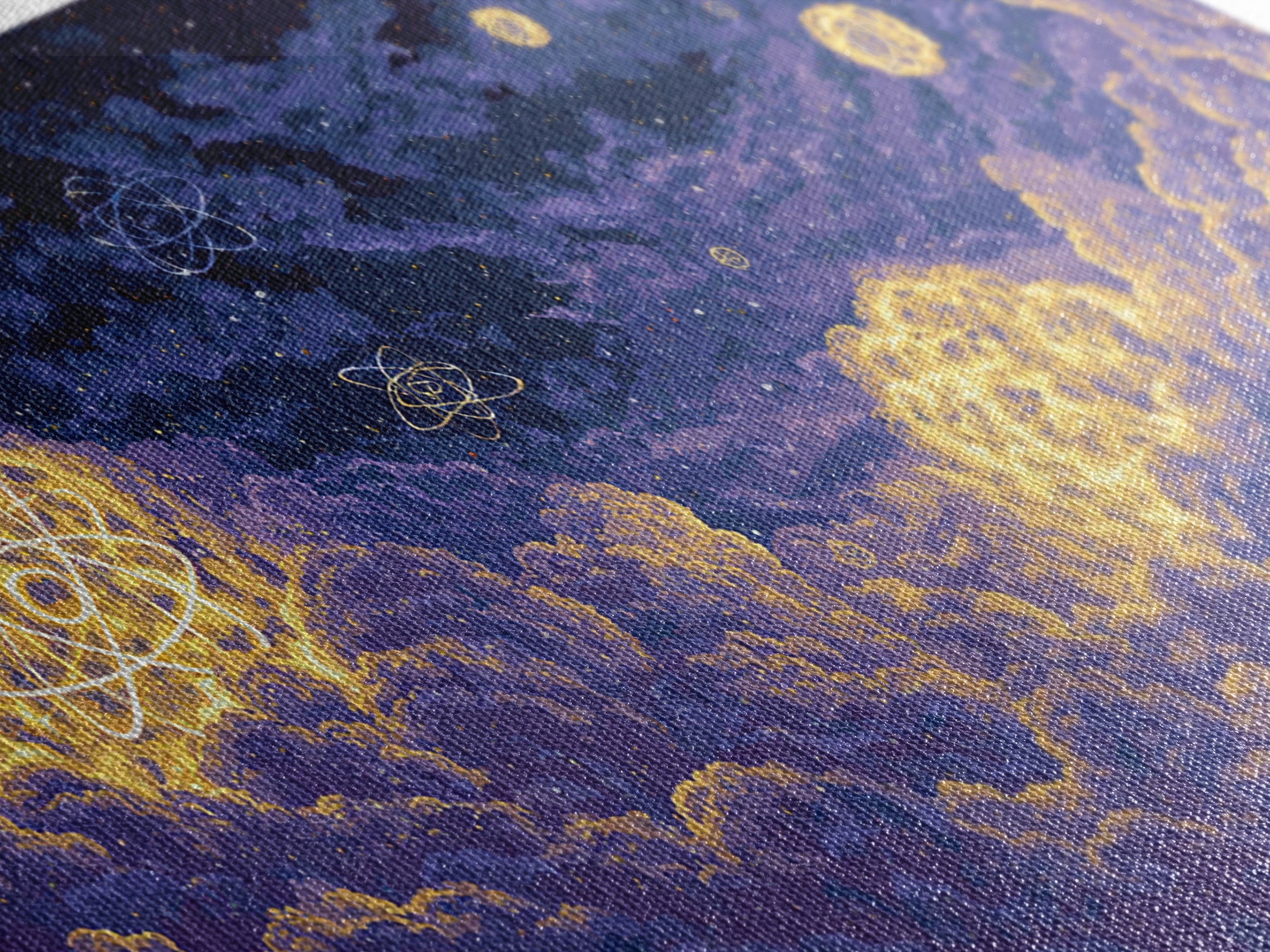 Glowing Atom Clouds In Pixel Night Sky Canvas Print, Modern Abstract Wall Art, Retro Space Poster, Purple Bedroom Decor Gift
