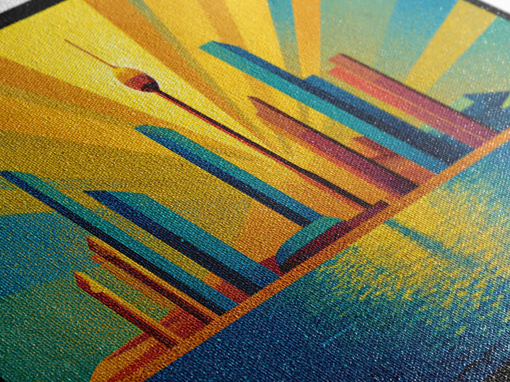 Bold Seattle Skyline Sunrise Wall Art, Mid Century Modern Abstract Cityscape, Space Needle Poster, Retro Geometric Decor