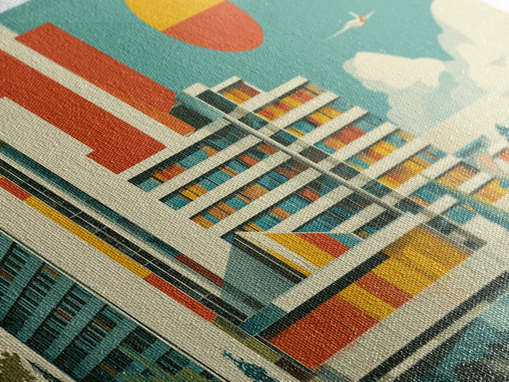 Bauhaus Modernist Hotel Architecture Canvas Print, Mid Century Modern Wall Art, Geometric Orange Sun Poster, MCM Decor Print