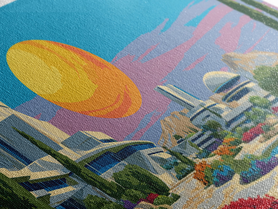 Futuristic Desert Resort With Pool And Giant Sun Wall Art, Mid Century Modern Landscape Poster, Retro Sci Fi Architecture Decor