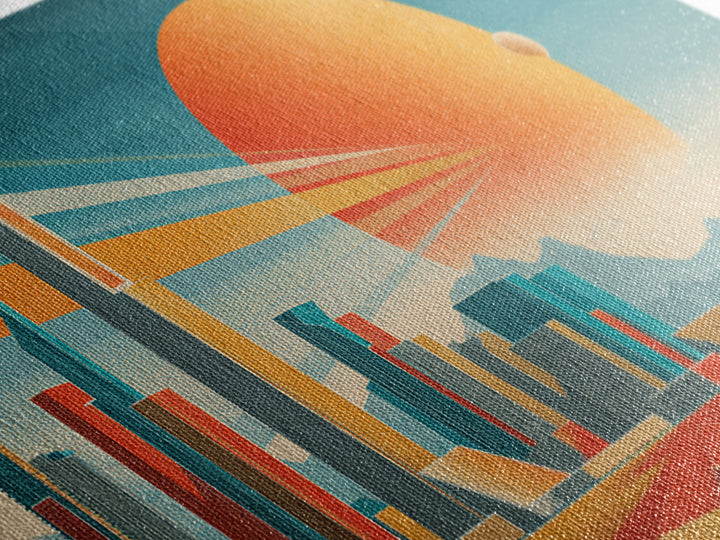 Teal Orange Futuristic Skyline Canvas Print, Midcentury Modern Cityscape, Retro Space Poster, Modern Wall Decor, Large MCM Art