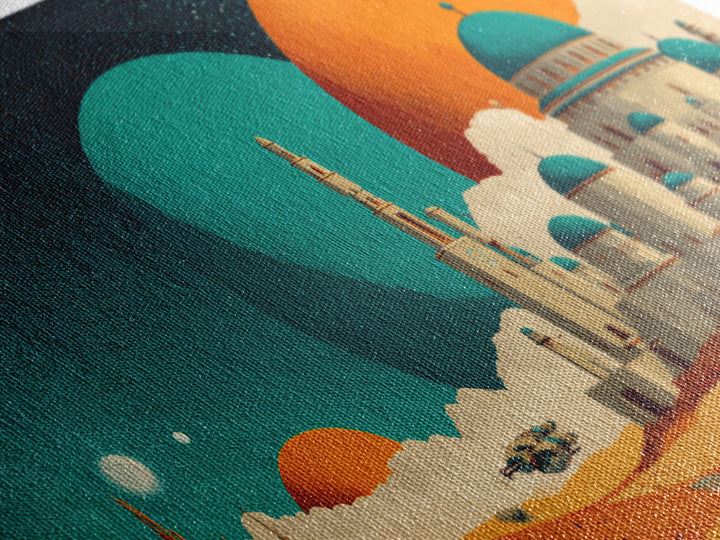 Teal Planet Desert Dome City Canvas Print, Midcentury Modern Sci Fi Wall Art, Retro Space Poster, Orange MCM Home Decor Art