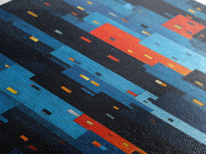 Red And Blue Abstract City Canvas Print, Blocky Urban Skyline, Midcentury Modern Art, Geometric Wall Decor, Home Office Art Print