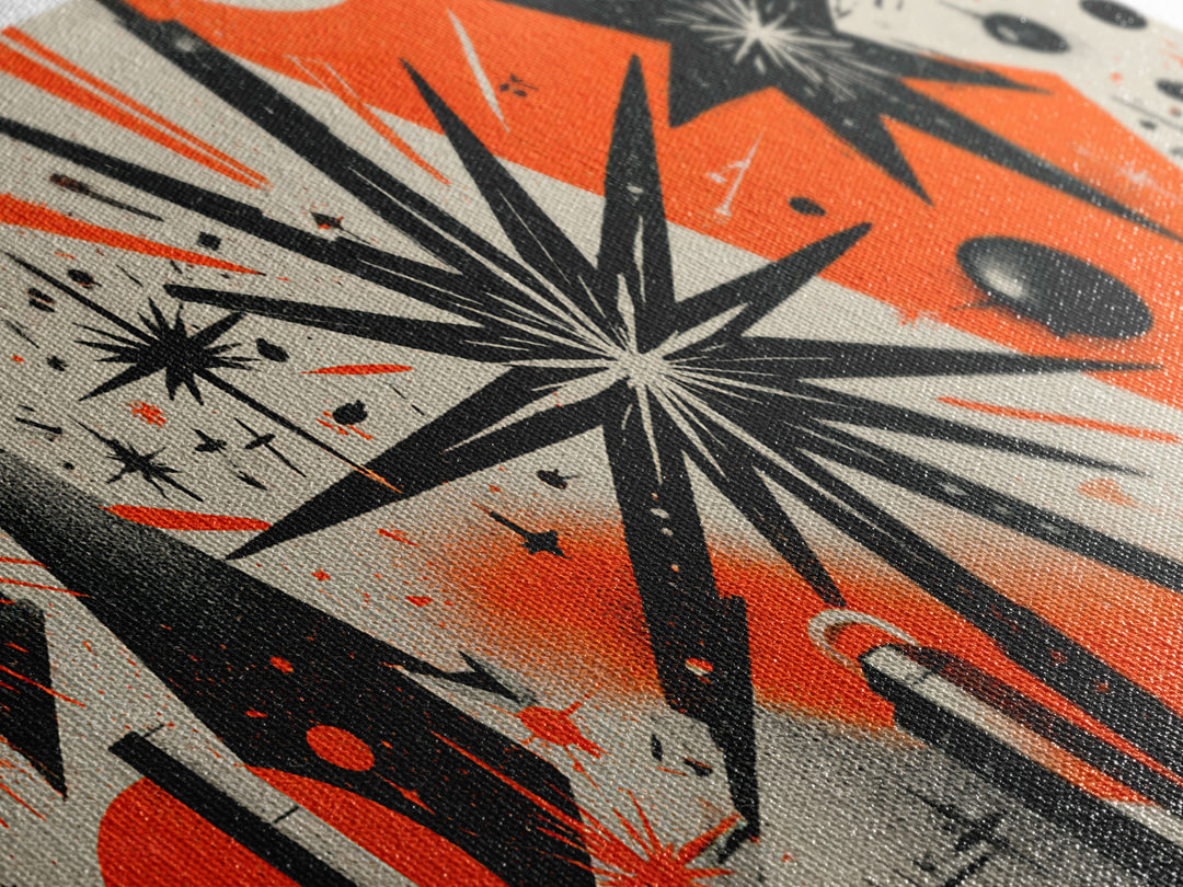 Orange Black Atomic Starburst Wall Art, Midcentury Modern Abstract, Retro 50s Space Age Poster, MCM Geometric Wall Decor
