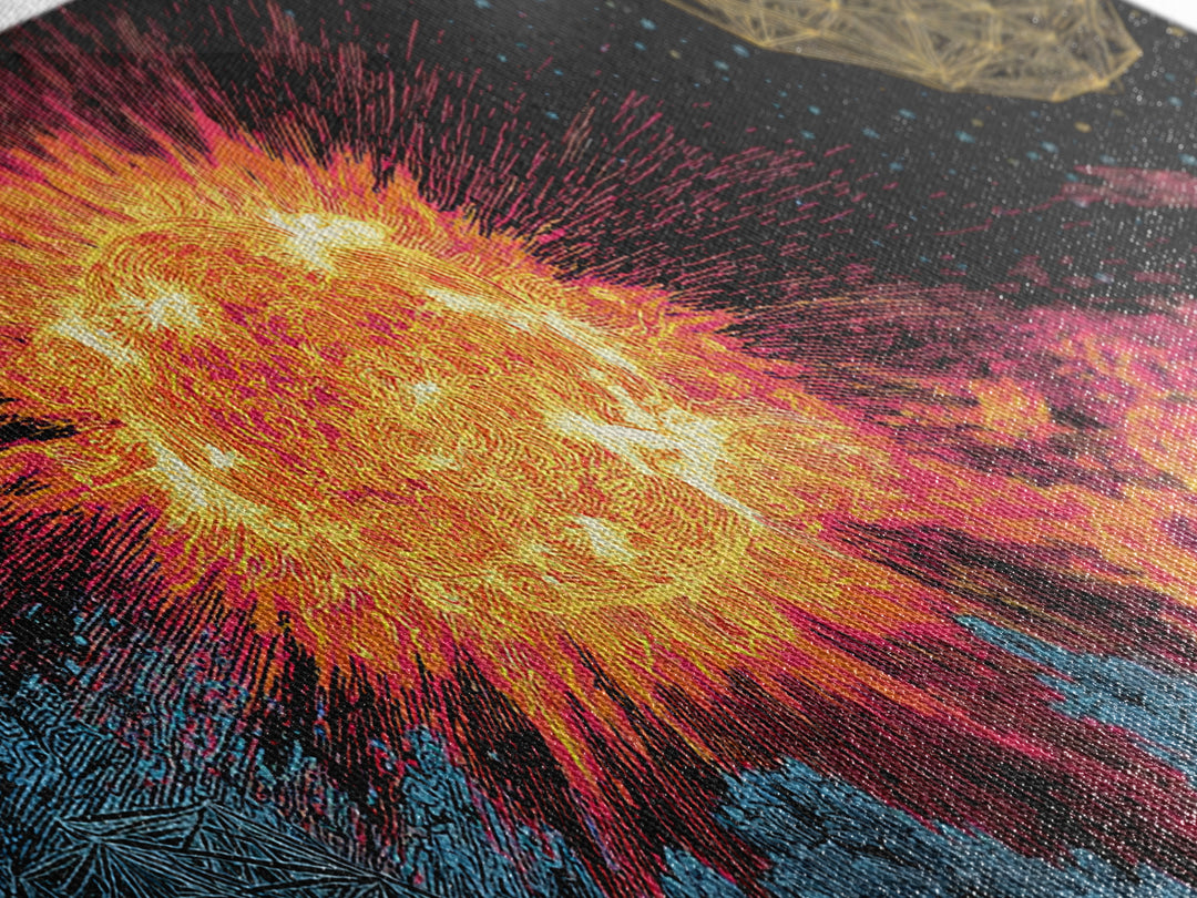 Fiery Solar Flare Sun And Asteroids Canvas Print, Modern Abstract Art, Retro Space Poster, Cosmic Wall Decor, Sci Fi Gift