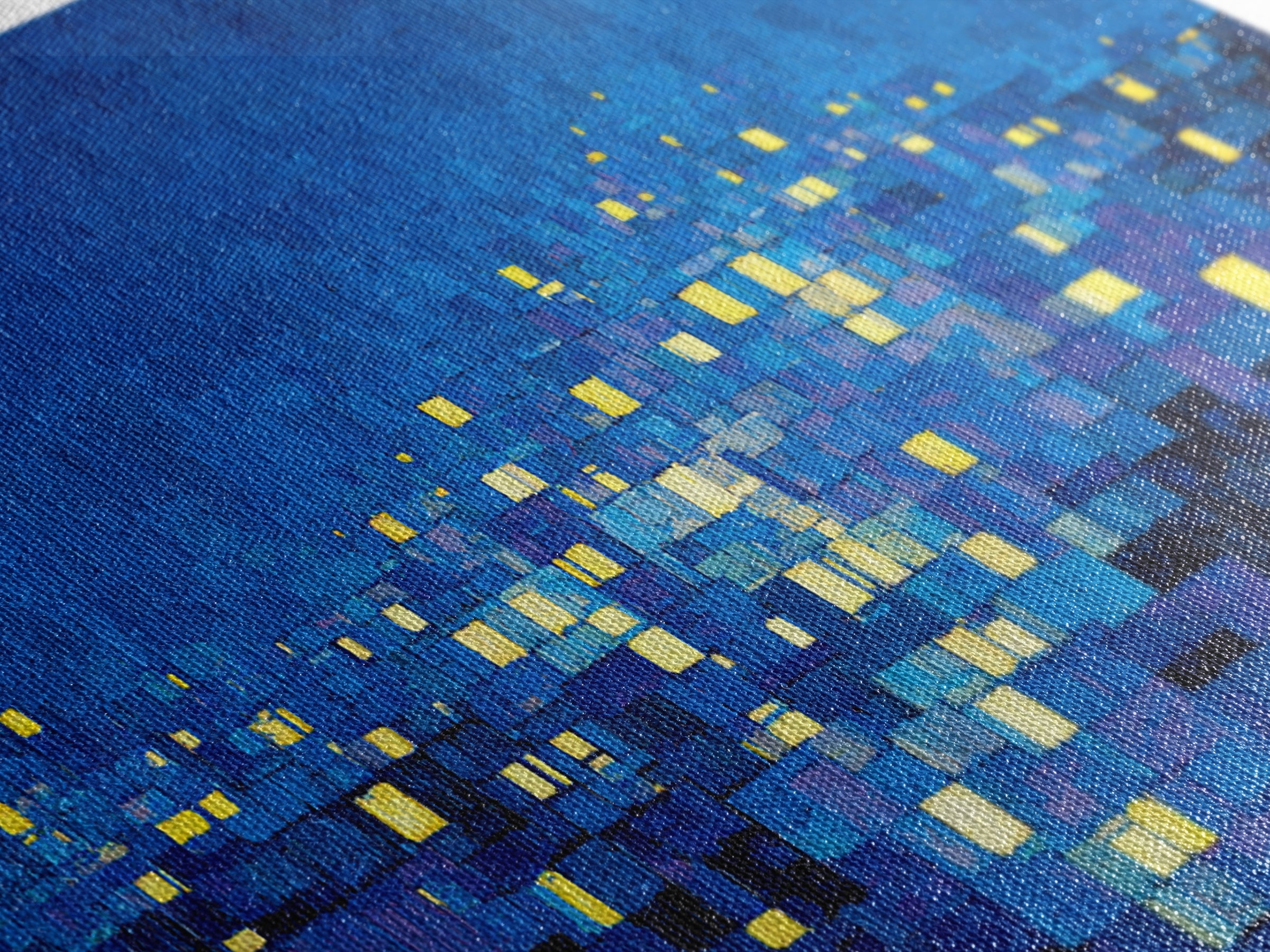 Pixelated Blue City Lights Wall Art, Abstract Night Skyline, Modern Art Print, MCM Wall Decor, Living Room Statement Decor