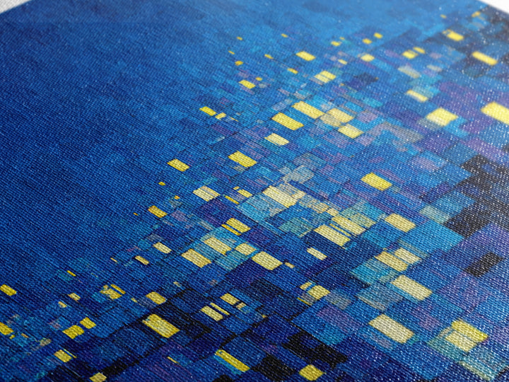 Pixelated Blue City Lights Wall Art, Abstract Night Skyline, Modern Art Print, MCM Wall Decor, Living Room Statement Decor
