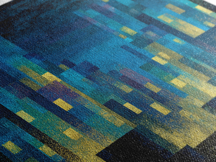 Teal Pixel City Skyline Canvas Print, Glowing Urban Nightscape, Modern Abstract Art, Blue Wall Decor, Home Office Art Print
