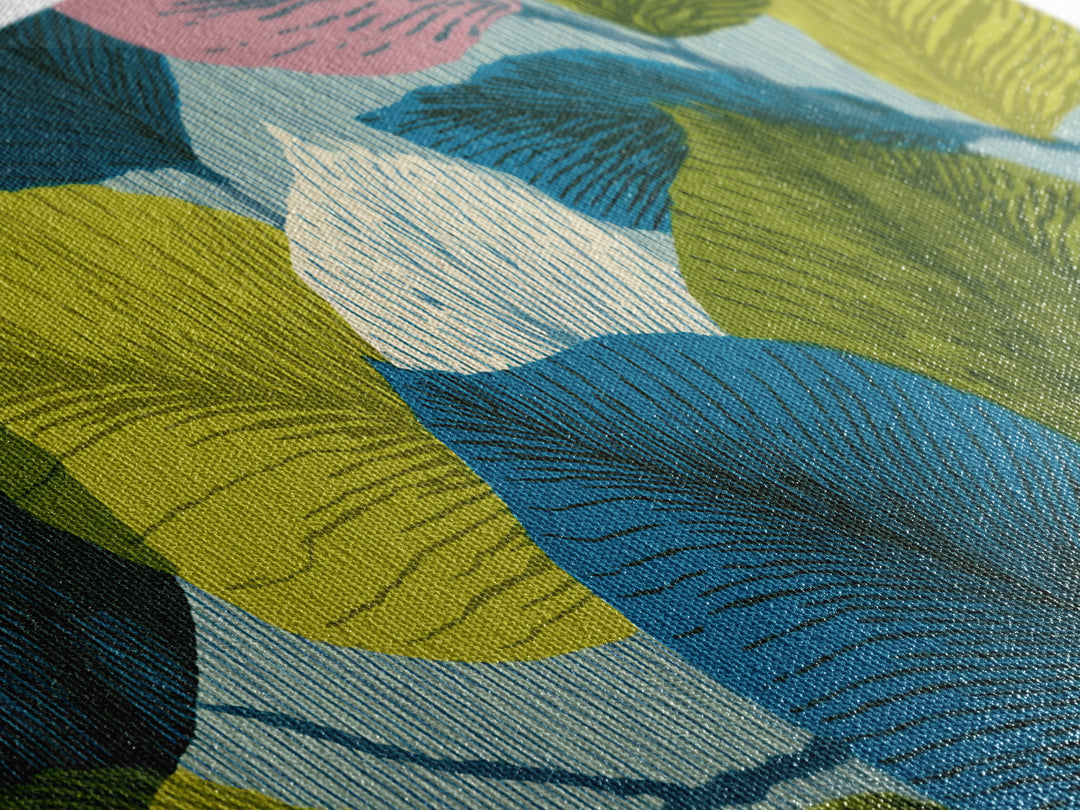 Layered Ginkgo Leaves In Blue Green Pink Canvas Print, Midcentury Modern Botanical Wall Decor, Colorful Living Room Art Print