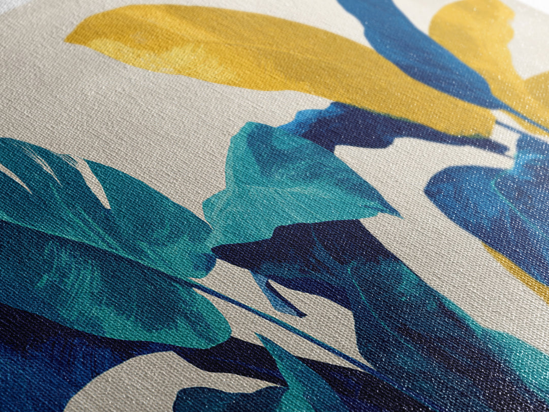 Bold Tropical Leaves In Teal Blue Mustard Canvas Print, Midcentury Modern Botanical Wall Art, Colorful Home Office Decor
