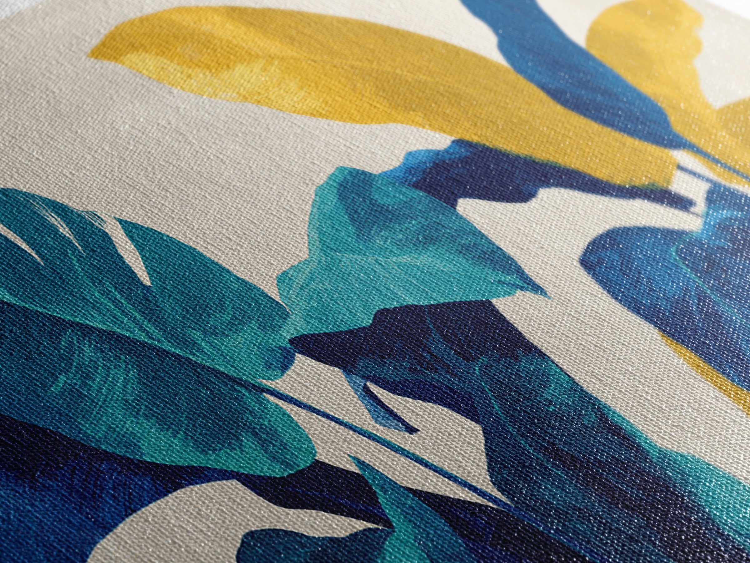 Bold Tropical Leaves In Teal Blue Mustard Canvas Print, Midcentury Modern Botanical Wall Art, Colorful Home Office Decor