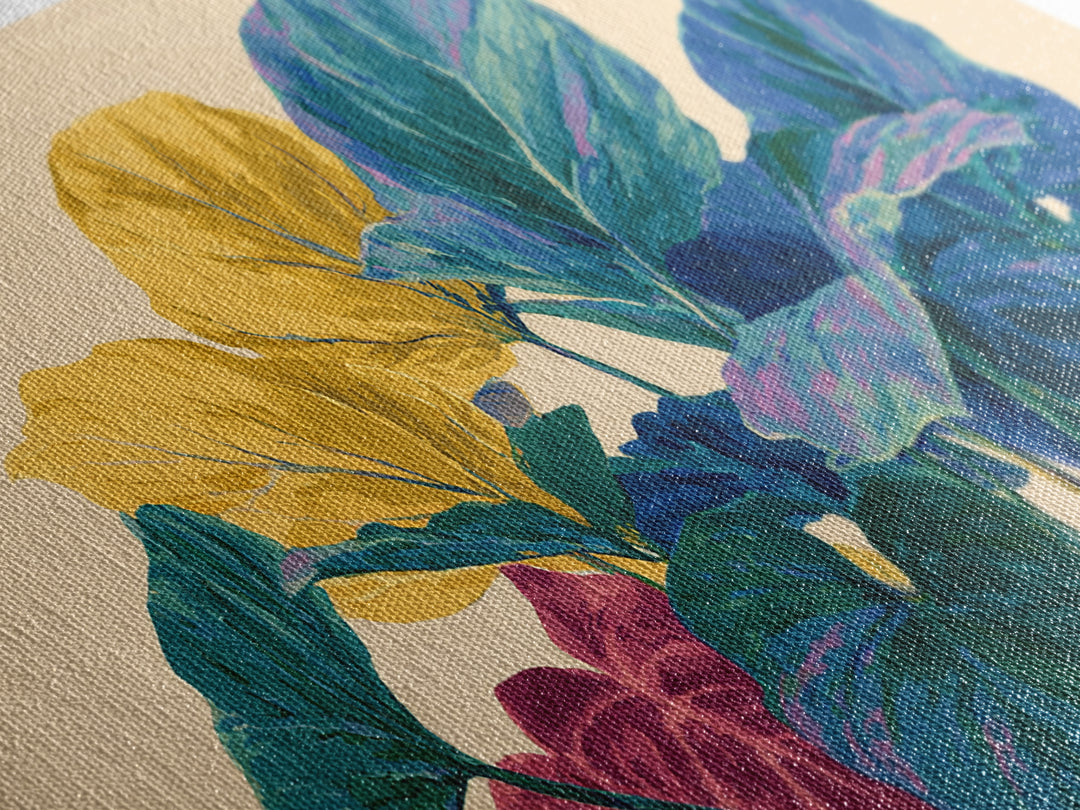 Vibrant Tropical Foliage In Yellow Teal Pink Wall Art, Midcentury Modern Botanical Print, Colorful Boho Living Room Decor