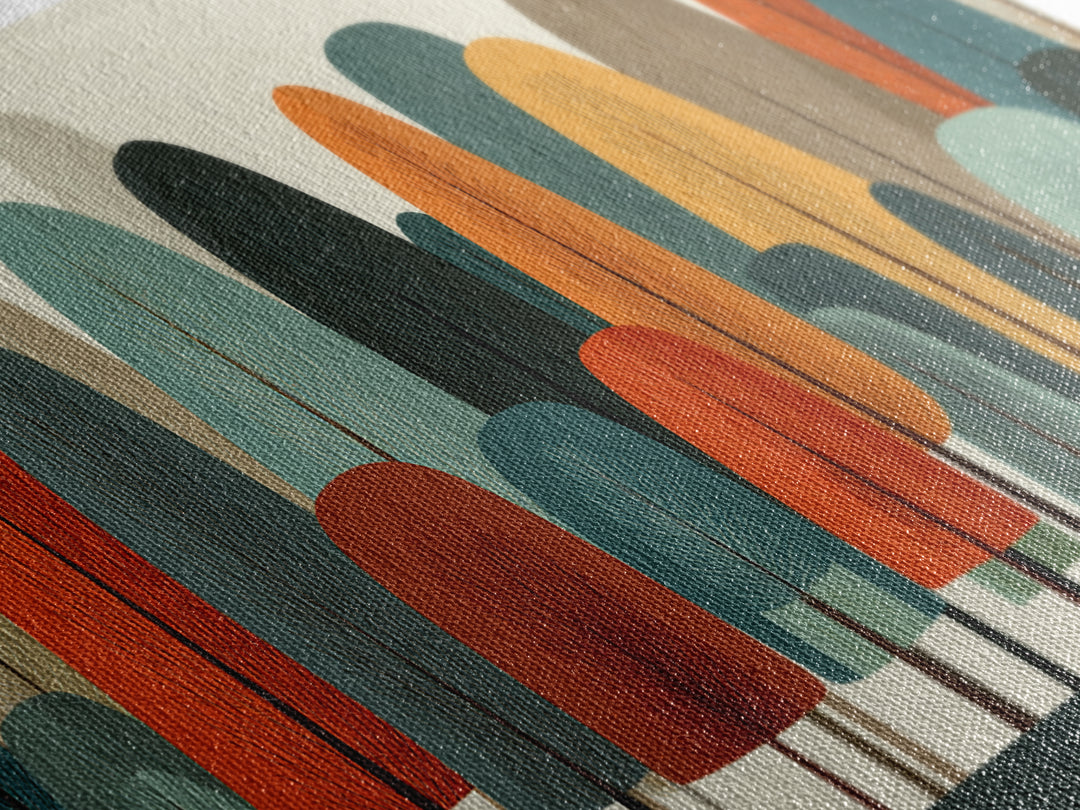 Minimal Rounded Tree Grove In Orange Teal Mustard Wall Art, Midcentury Modern Forest Print, Retro Nursery Or Office Decor