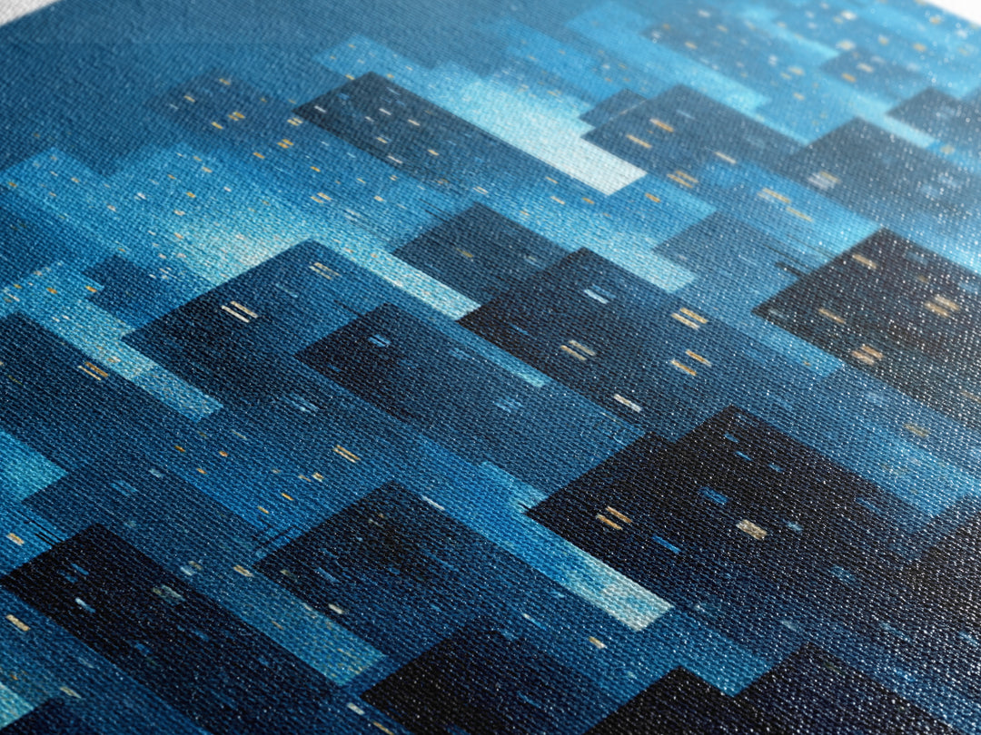 Misty Blue Urban Skyline Framed Canvas Print, Snowy City Lights, Modern Wall Art, Large Abstract Decor, Office Wall Art Print