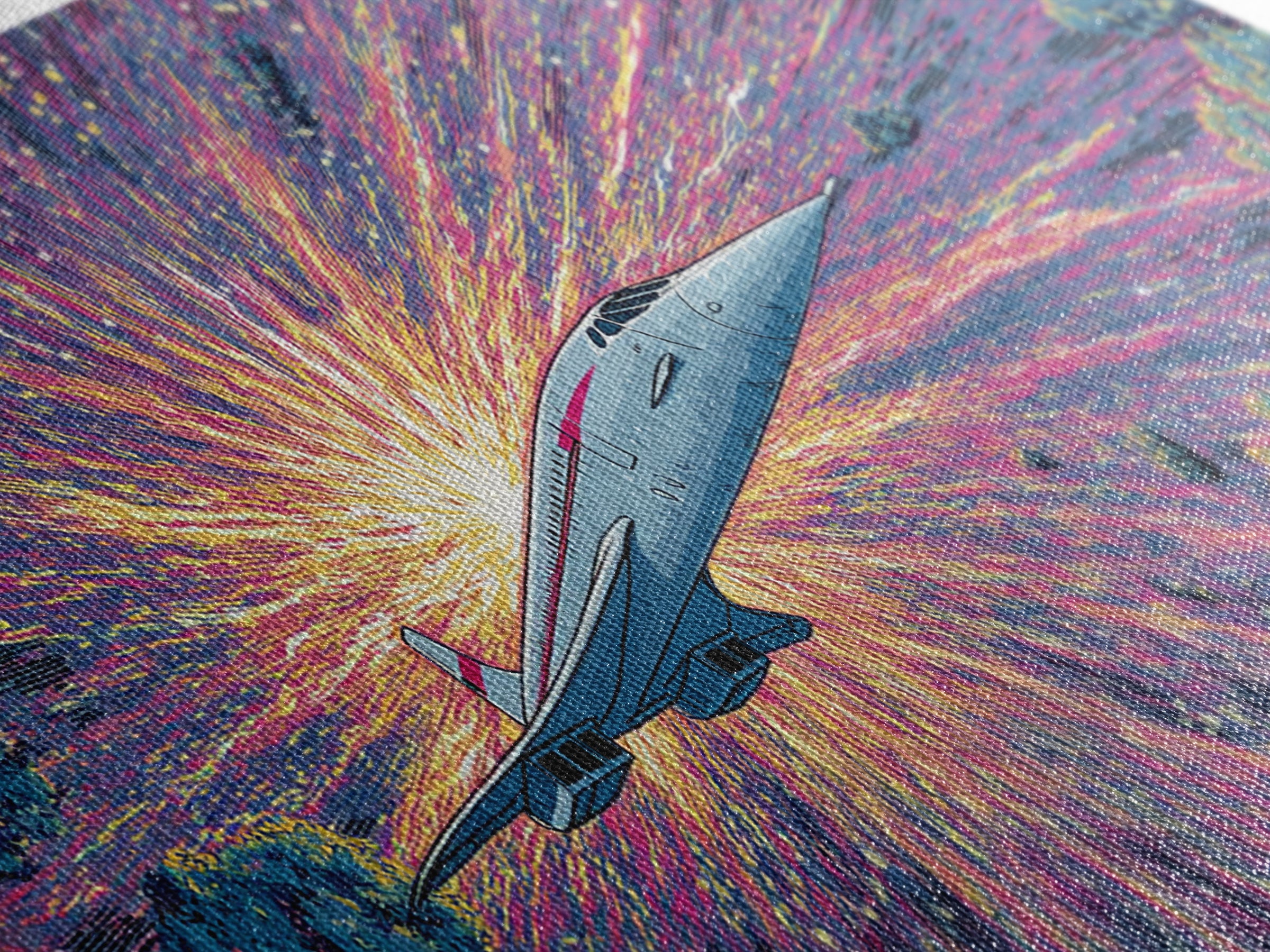 Retro Futuristic Jet Wall Art, Midcentury Sci Fi Airplane Print, Starburst Space Poster, Colorful Modern Home Decor Gift