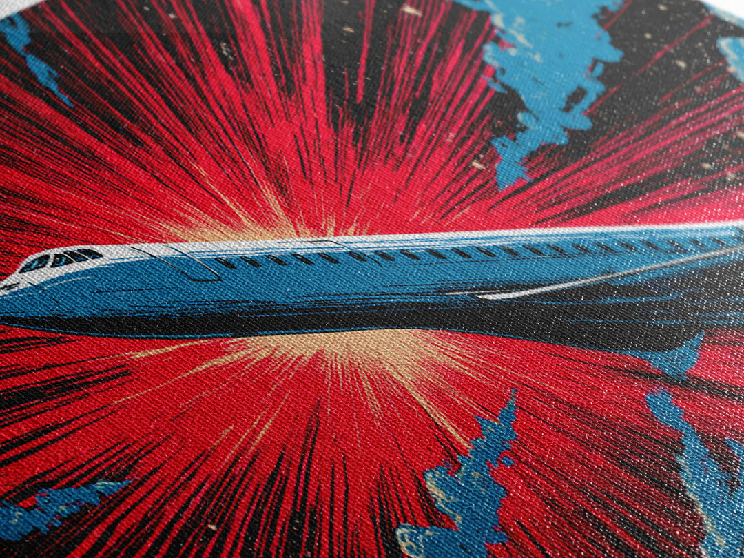 Blue Supersonic Jet With Red Starburst Canvas Print, Retro Sci Fi Poster, Mid Century Modern Wall Decor, Aviation Art Print