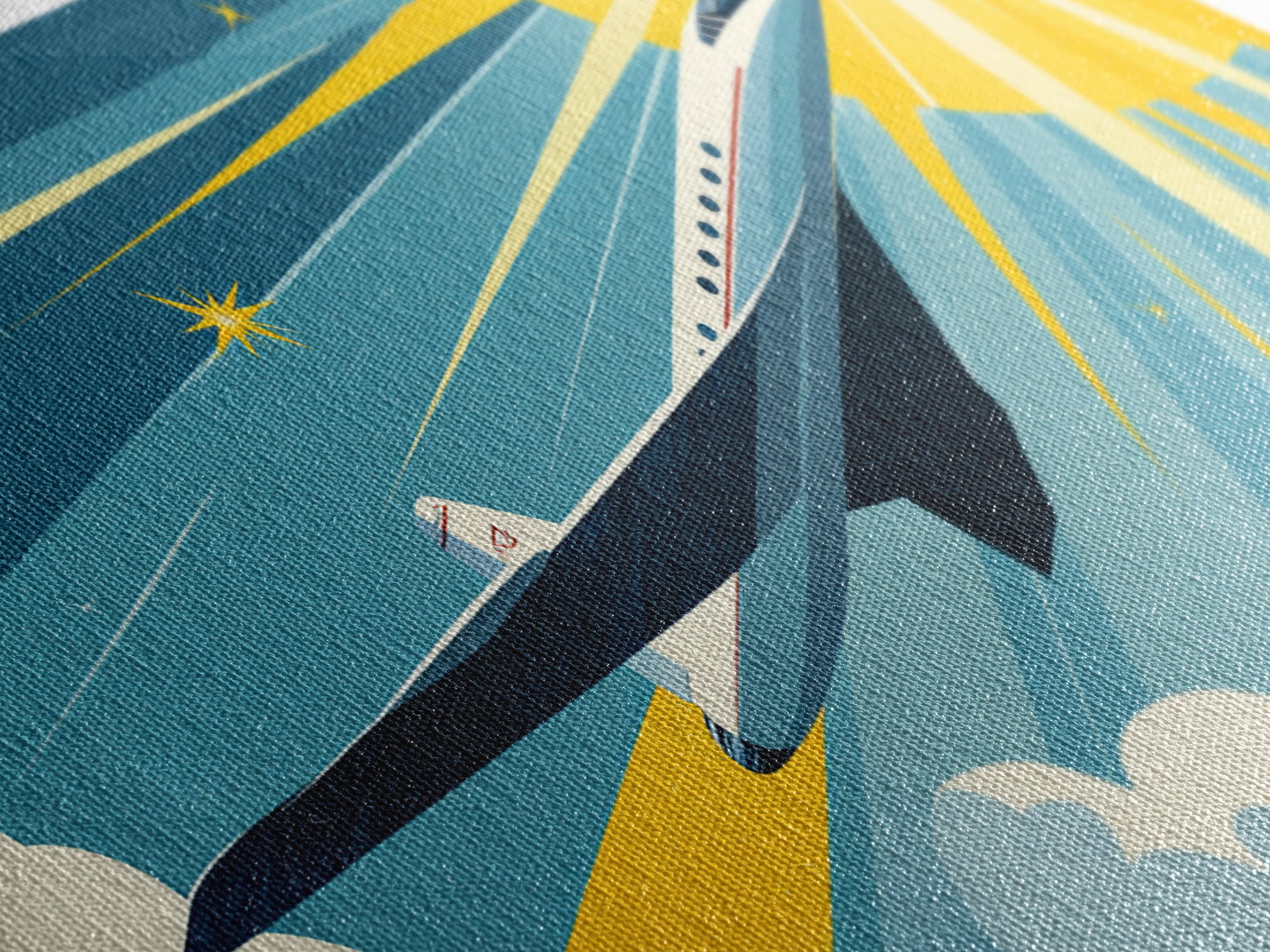 White Supersonic Jet In Sunlit Sky Canvas Print, Mid Century Modern Wall Art, Retro Travel Poster, Space Age Home Decor Print