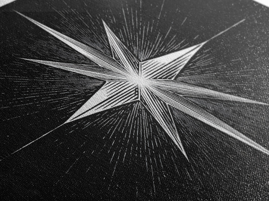 Exploding Compass Star Canvas Print, Black And White Celestial Wall Art, Geometric Nautical Poster, Modern Home Office Decor