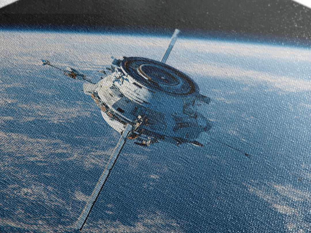 Realistic Spacecraft Orbiting Blue Earth Canvas Print, Modern Space Wall Decor, Satellite Poster, Sci Fi Office Artwork Gift
