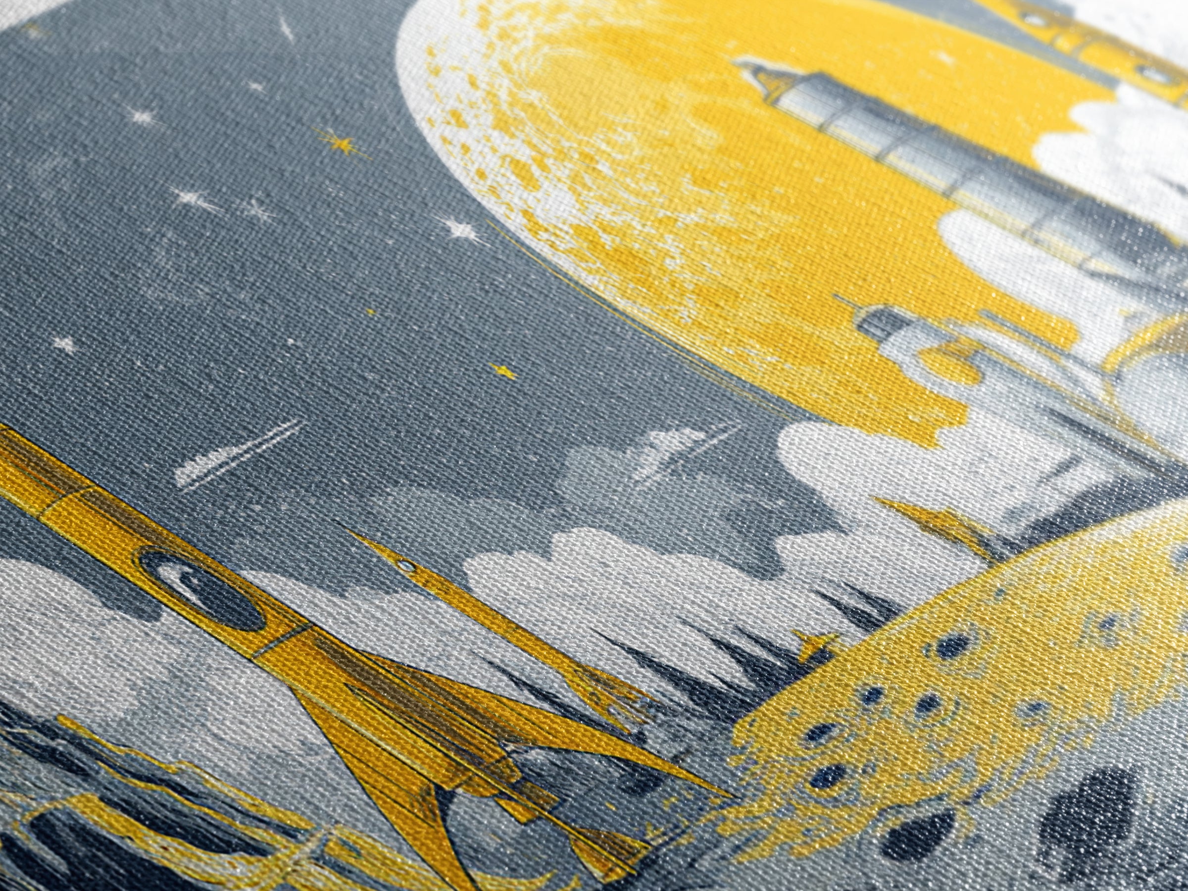Yellow Lunar Colony With Retro Rockets Canvas Print, Midcentury Modern Space Wall Art, Moon Base Poster, Atomic Home Decor