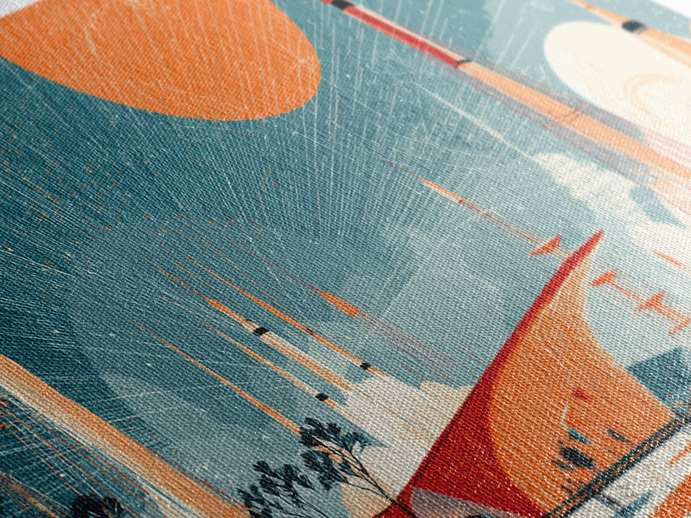 Futuristic Spaceport With Orange Sun Framed Canvas Print, Midcentury Modern Wall Art, Atomic Retro Decor, MCM Poster Gift