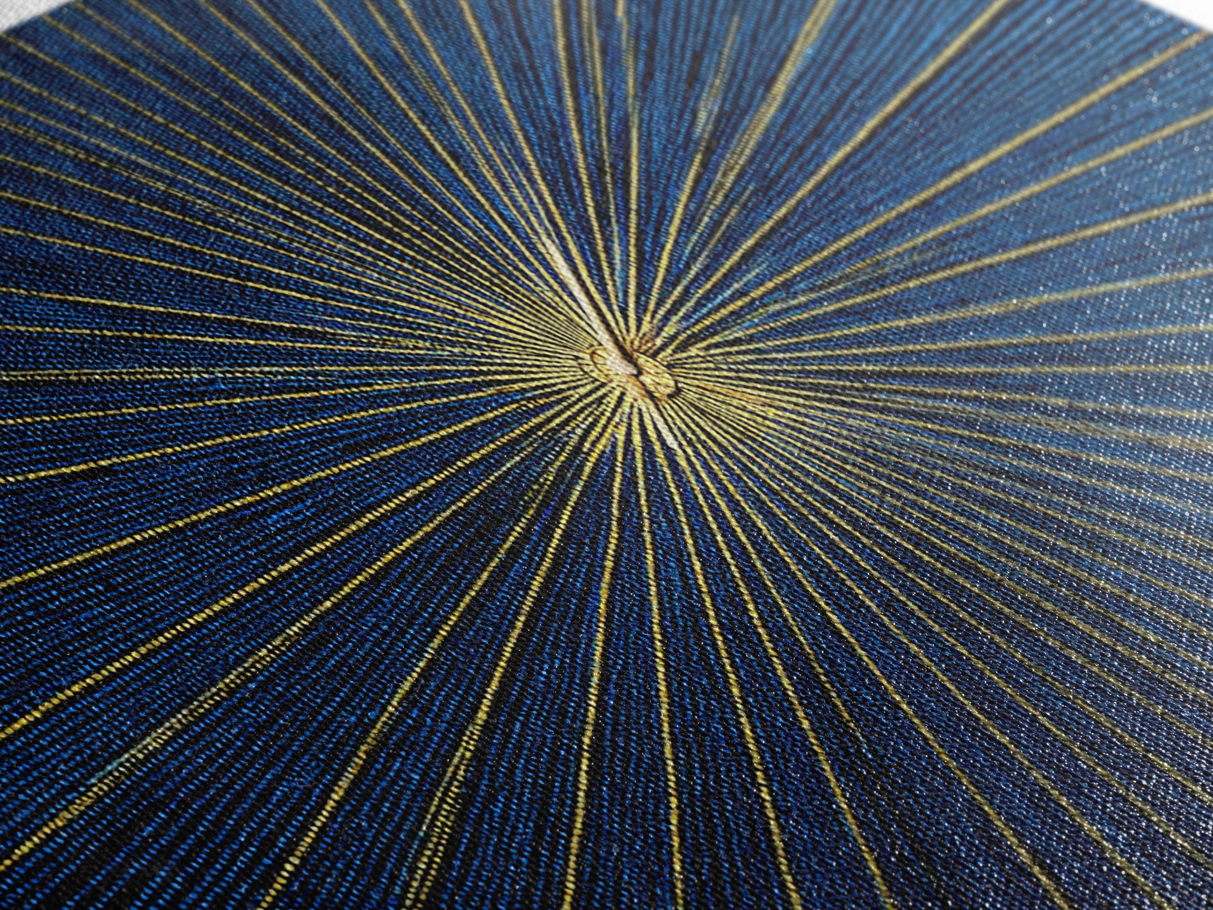 Blue Gold Radiating Op Art Wall Art, Midcentury Modern, Geometric Abstract Print, Atomic Sunburst, Modern Wall Decor, Living Room Art