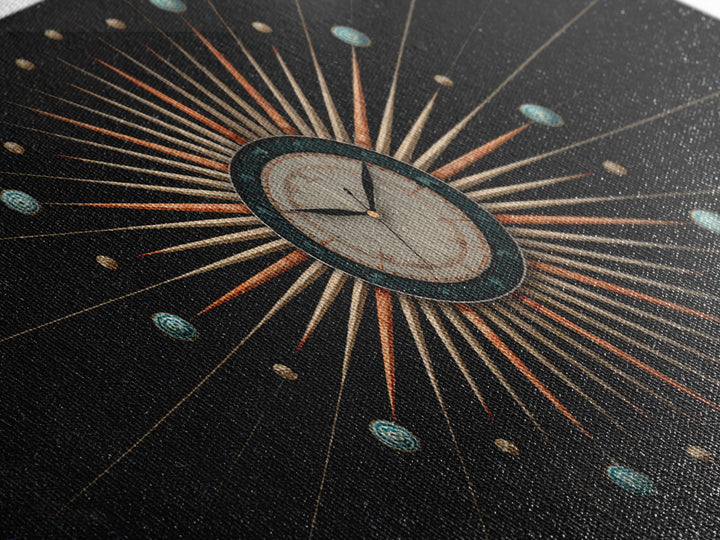 Cosmic Clock Atomic Starburst Canvas Print, Midcentury Modern Art, Retro Wall Decor, Space Abstract Art, MCM Poster For Home Office