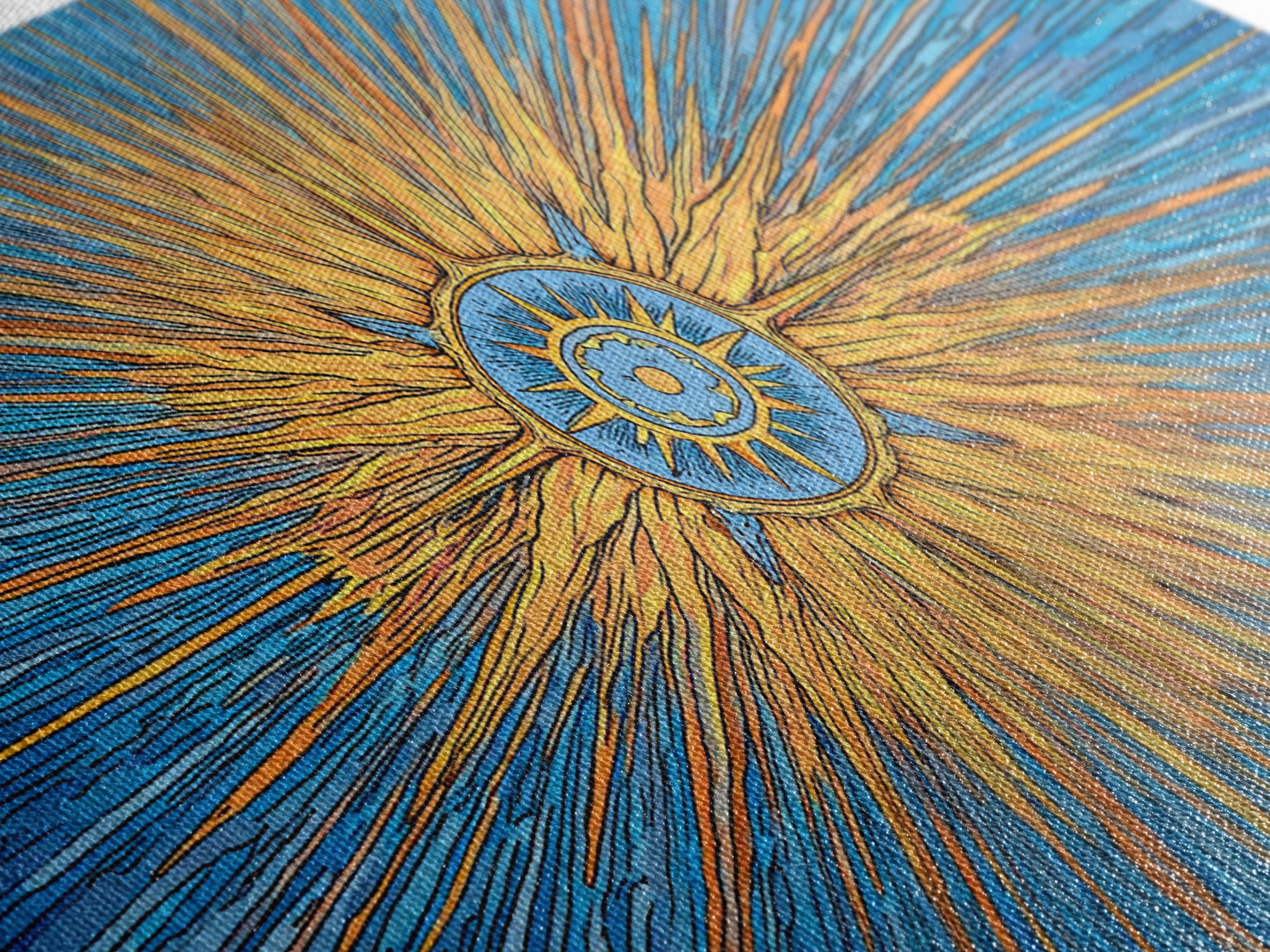 Blue Gold Solar Compass Canvas Print, Mid Century Modern Wall Decor, Atomic Sunburst Poster, Celestial Abstract Art, Office Decor