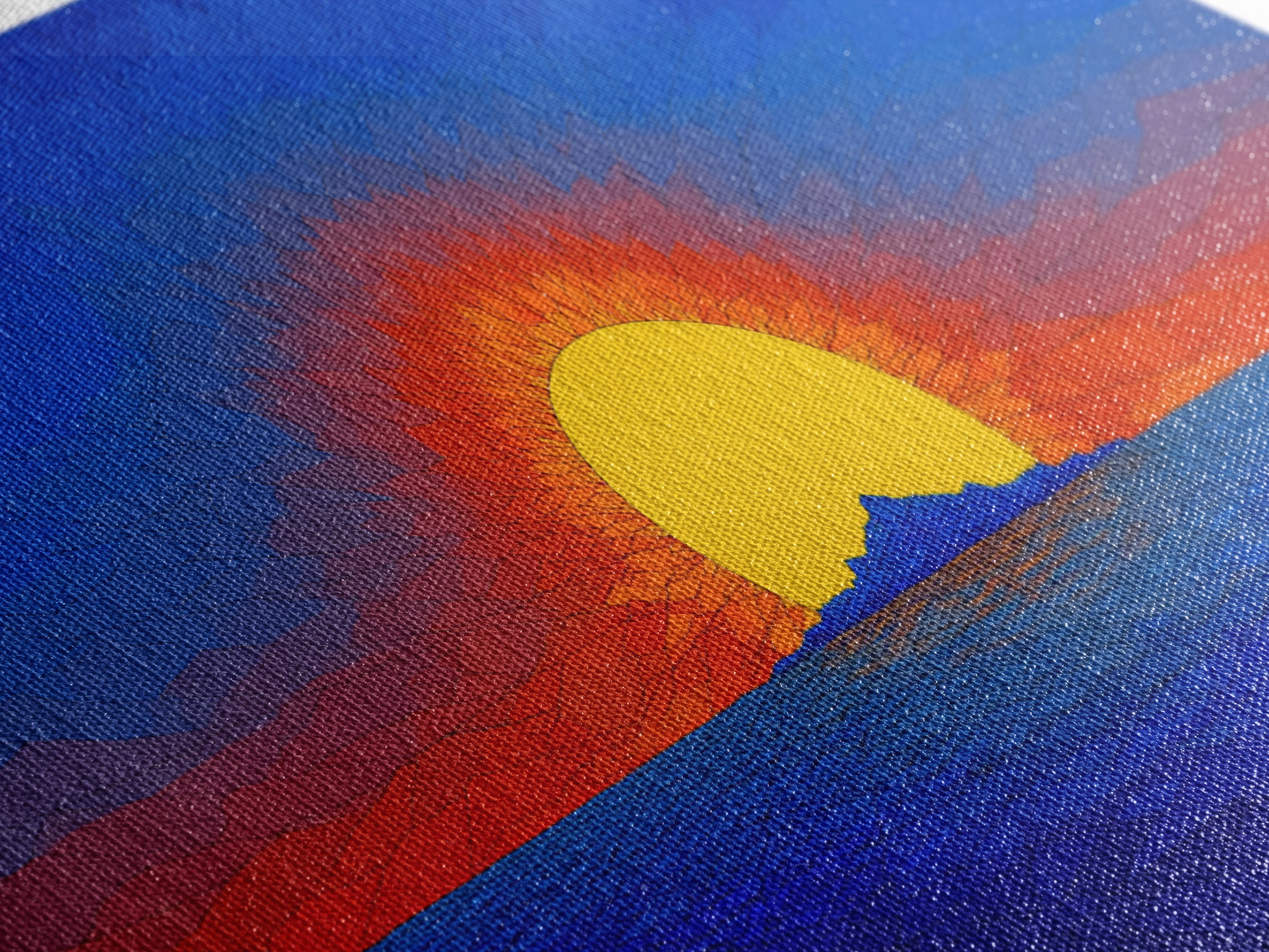 Geometric Ocean Sunset Wall Art, Mid Century Modern Landscape, Retro Sun Poster, Blue Orange Canvas Print For Coastal Decor