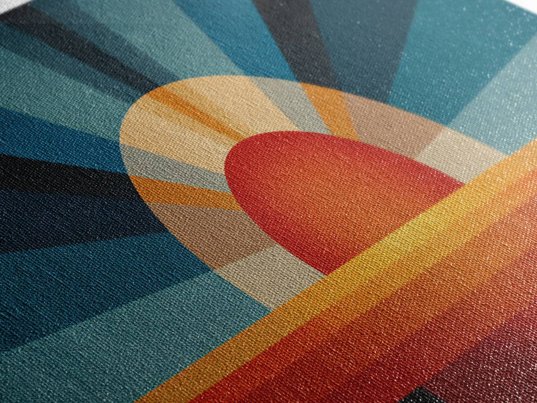 Textured Sun Rising Over Horizon Canvas Print, Mid Century Modern Abstract, Retro Wall Decor, Orange Blue Living Room Art