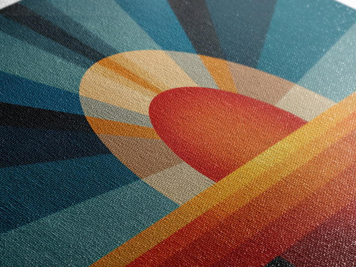Textured Sun Rising Over Horizon Canvas Print, Mid Century Modern Abstract, Retro Wall Decor, Orange Blue Living Room Art